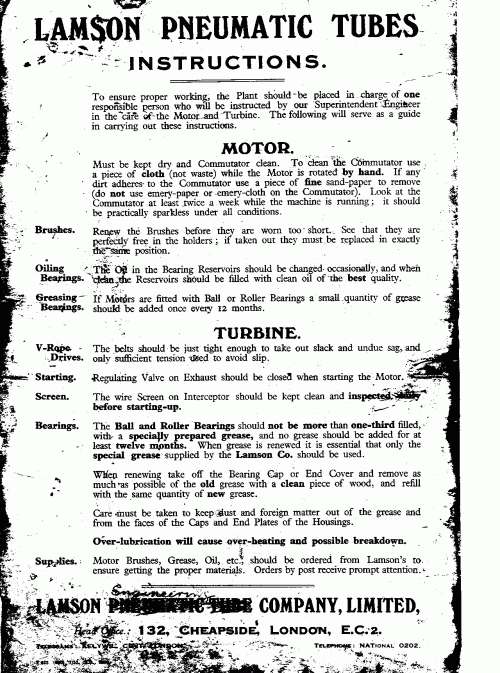 Lamson Pneumatic Tubes instructions